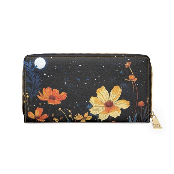 Midnight Flowers Zipper Wallet | Full Moon Nighttime Spring Flowers | Premium - Picture 5 of 6